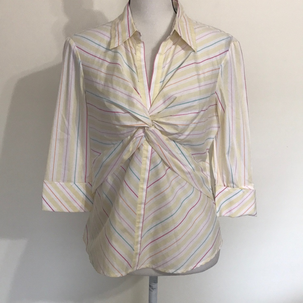 BCBG blouse L stripe NWT fitted collar cuff 3/4slv